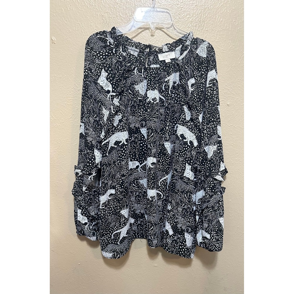 Loft Outlet Womens Size L Black White Animal Print Ruffle Long Sleeve Blouse